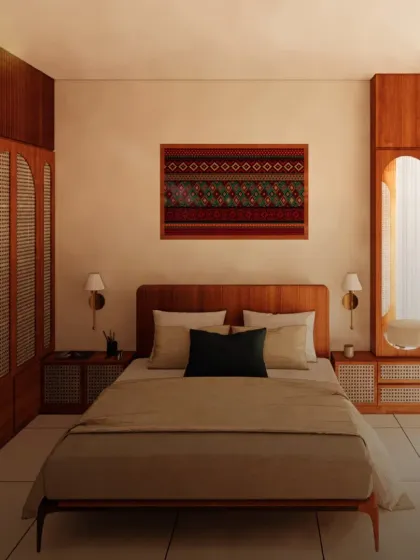 This bedroom design uses warm wood tones and rattan accents to create a cozy, modern-bohemian feel. The custom wardrobe includes an integrated vanity with a mirror and shelving, a perfect example of smart, space-saving furniture design.