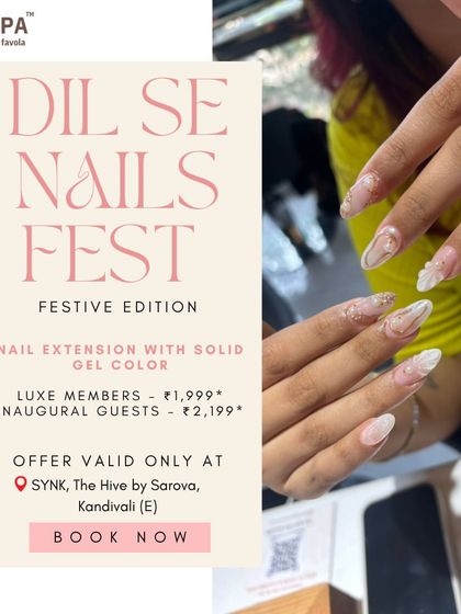 An offer for nail extensions with solid gel color, valid at my Kandivali location. The image features a beautiful, ethereal set of extensions with delicate, sparkling details.