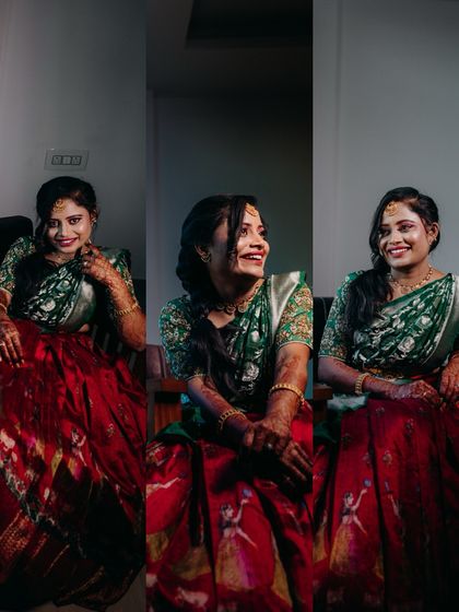 A collage of a bride's portraits, capturing her happy and relaxed moments in her traditional attire.