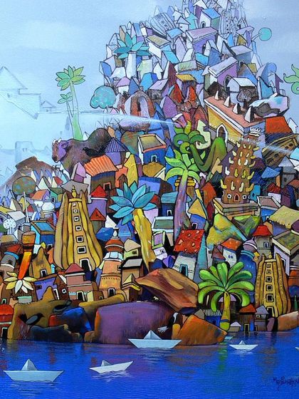 This imaginative cityscape by Wali is a call to preserve our cultural heritage. The artist has created a fantastical island of temples and homes, a vibrant community floating in a sea of blue, urging us to protect these treasures.