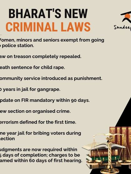A summary of key changes in Bharat's new criminal laws. These include repealing the law on treason, introducing community service as punishment, and defining terrorism for the first time, among other reforms.
