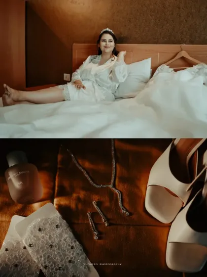 A collage showing the bride relaxing before the ceremony and the beautiful details of her wedding accessories.