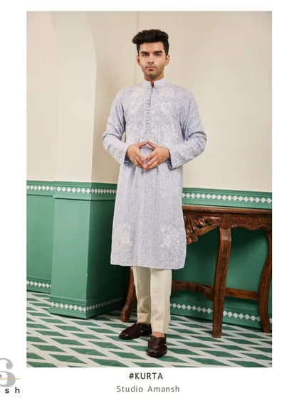 The full look of the lavender embroidered kurta, a unique and sophisticated choice for a daytime event.