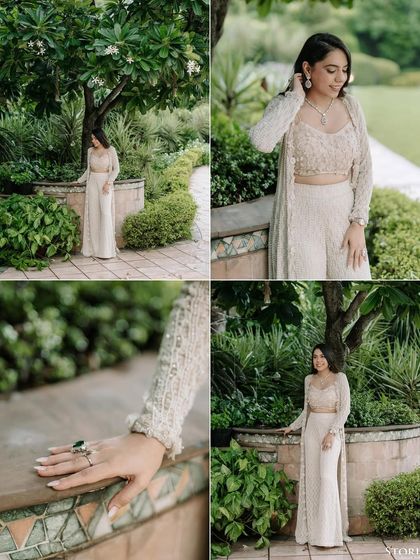 A collage detailing the bride's beautiful outfit, her stunning ring, and her graceful poses during her garden engagement shoot.