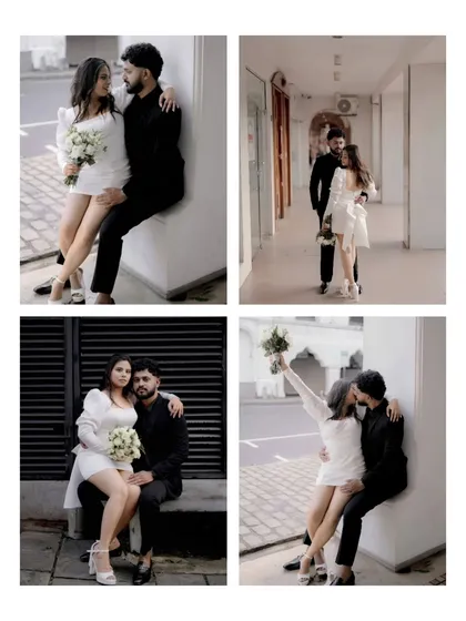 A collection of intimate and playful moments. The poses here are more stationary, using the city's architecture as a frame for their connection, whether they are sitting on a bench or leaning against a wall.