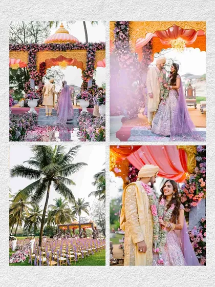A collage of moments from the Goa beach wedding, from the bride's entrance to the stunning floral decor and the palm-lined aisle.