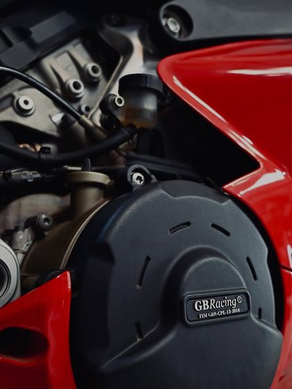 A GB Racing engine cover fitted to the Panigale V4 for extra protection on the track.