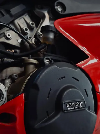 A GB Racing engine cover fitted to the Panigale V4 for extra protection on the track.