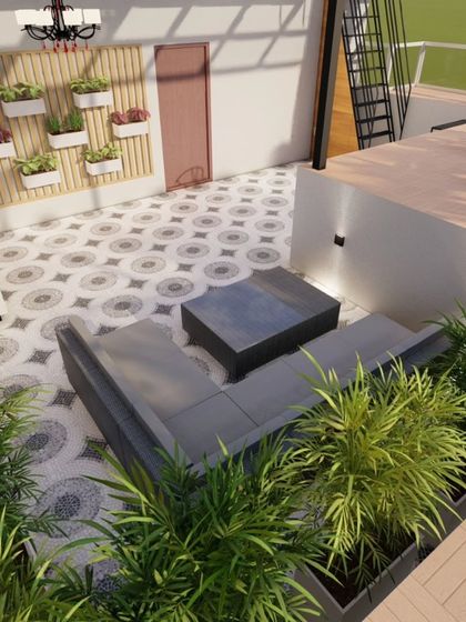 An overhead 3D view of a terrace layout, focusing on the balance between green spaces and seating areas. This planning ensures a comfortable and aesthetically pleasing environment, with planters strategically placed to enhance the ambiance.