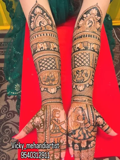 Capturing the moment of the Varmala ceremony in henna is one of my specialties. This full-coverage bridal design immortalizes that beautiful exchange, surrounded by elephants and traditional patterns, making your mehndi truly personal.