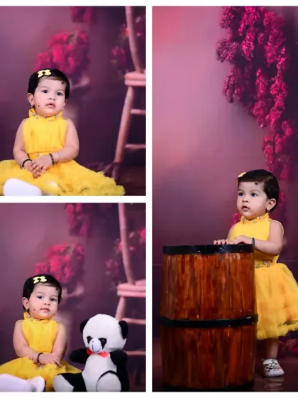 A collage of a baby girl in a yellow dress, posing with a panda and other props.