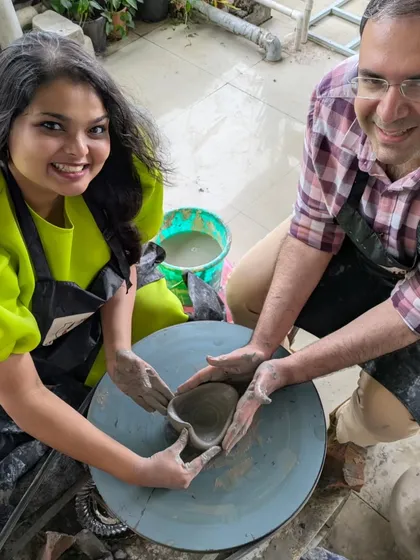 Here's a lovely couple enjoying our guided wheel-throwing session. We love seeing the smiles and teamwork as you both work the clay to create something new from scratch.