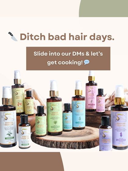 A beautiful shot of my entire product range, inviting you to ditch bad hair days. It's a call to action to get in touch and let me "get cooking" on a personalized solution for you.
