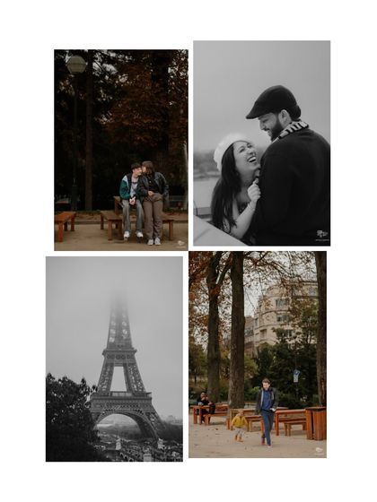 A collage of candid moments from Paris, mostly in black and white. It captures laughter, playful interactions, and quiet moments against the backdrop of the city and the Eiffel Tower.