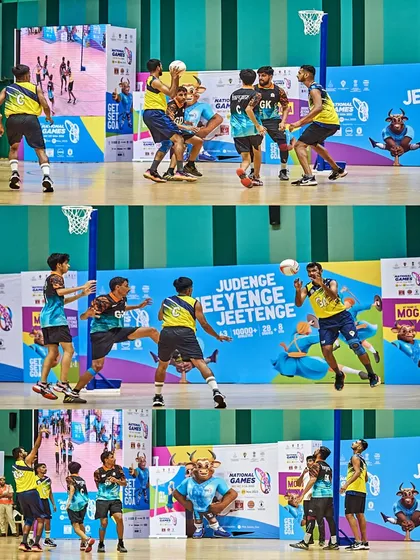 This collage celebrates the leadership of Goa's team captain, Sanmay Bandekar. It combines shots of him directing his team, making a pass, and celebrating a point, telling the story of his role in securing a silver medal.