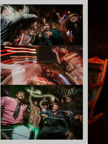A collage capturing the wild energy of the Sangeet dance floor, using motion blur and light trails to show the fun.