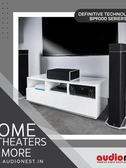 The Definitive Technology BP9000 series is a premium choice for a living room setup. This image shows how the sleek tower speakers and center channel create a powerful yet elegant front soundstage.