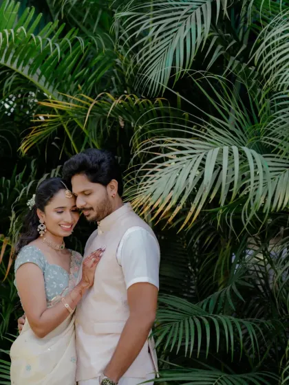 A lovely couple portrait. Her makeup is soft and romantic, enhancing her natural beauty without looking heavy.