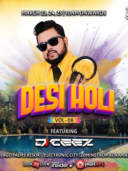 "Desi Holi Vol. 8," a grand three-day Holi celebration in Electronic City with a concert setup and pool access.