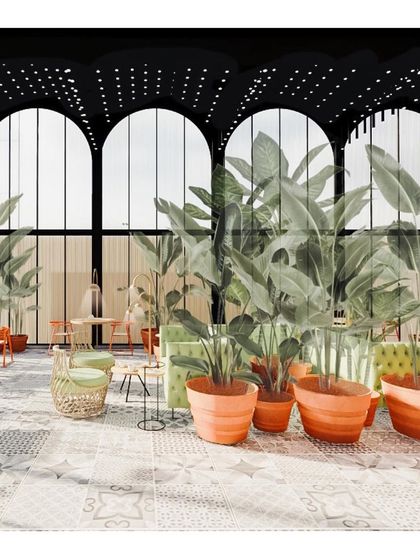 A conceptual interior rendering for a lounge bar, using large arched windows to frame the space. The idea was to use oversized planters as natural dividers and patterned tiles to define different zones, creating a lush, garden-like atmosphere indoors.
