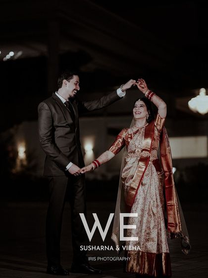 A nighttime portrait of the couple sharing a dance. The dramatic lighting and their happy expressions create a beautiful, cinematic feel.