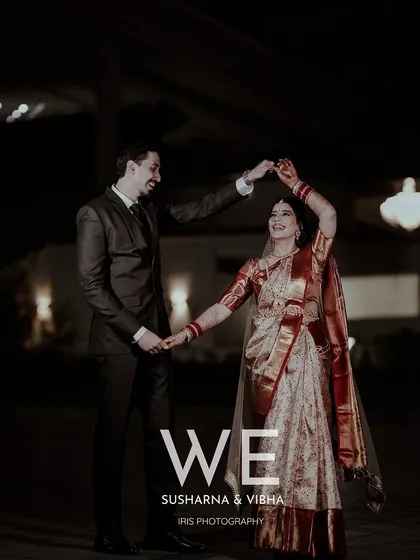 A romantic dance at night. This photo captures the couple in a classic dance pose, creating a timeless and elegant wedding portrait.