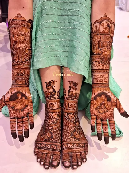 A complete bridal look with heavy figure work on the hands and complementary designs on the feet. This ensures a cohesive and royal look for the bride.