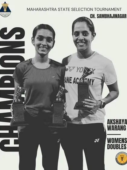 Akshaya Warang and her partner with their Women's Doubles championship trophies from the Maharashtra State Selection Tournament.