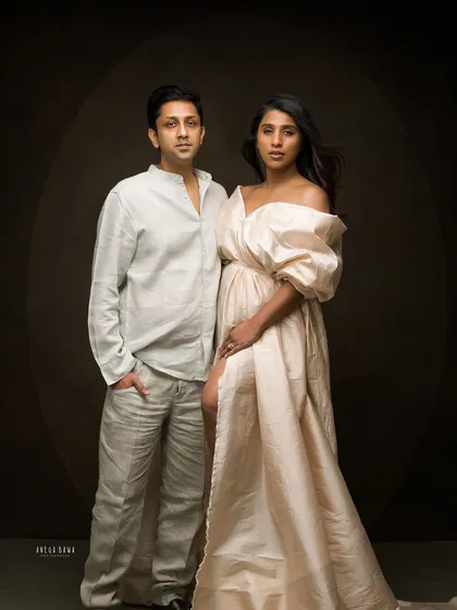 A high-fashion, Vogue-inspired family portrait. This style is for couples who want something artistic, bold, and editorial for their maternity session.