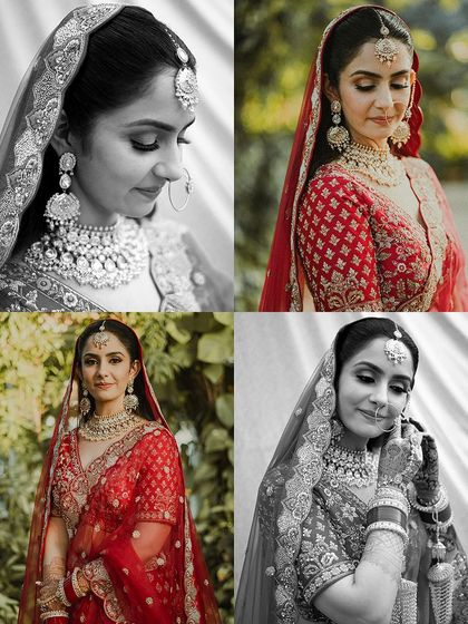 A collage of the bride in her red wedding lehenga, featuring a mix of color and black and white portraits.