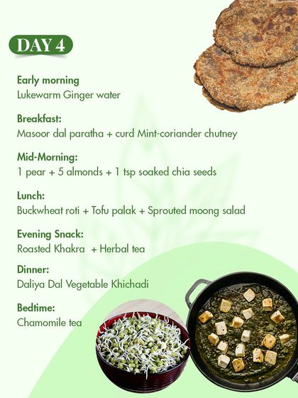 Day 4 of my diabetes diet plan incorporates healing ingredients like ginger water and chamomile tea. Meals like masoor dal paratha and daliya khichadi are designed to be both satisfying and beneficial for blood sugar control.