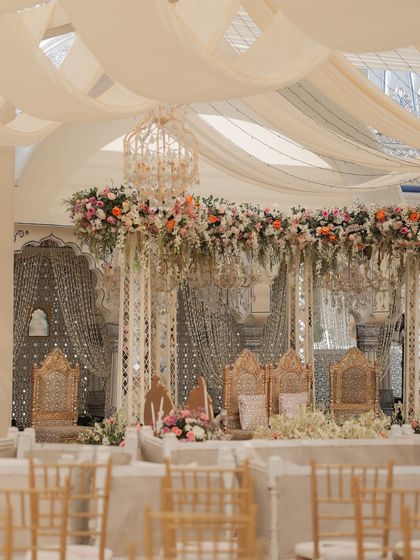 The semi-circular mandap structure created an intimate yet open setting. This view shows the family seating within the mandap, ensuring loved ones are close during the most important moments.