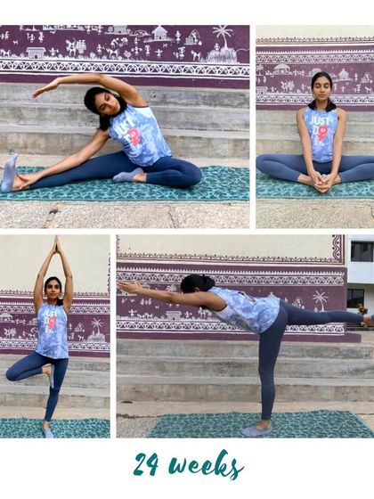 This mama at 24 weeks is practicing a beautiful sequence of standing and seated poses against a lovely backdrop.