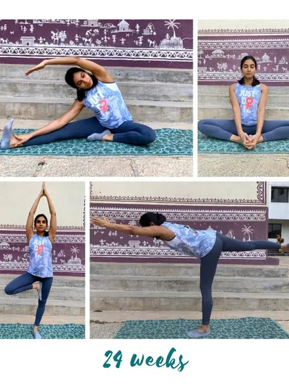 This mama at 24 weeks is practicing a beautiful sequence of standing and seated poses against a lovely backdrop.