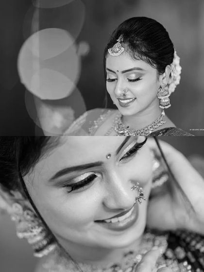 The same collage as the previous image, presented in a timeless black and white format. This edit emphasizes light, shadow, and emotion, offering a different artistic perspective on the traditional bridal look.