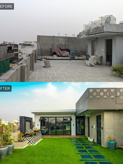 From a cluttered rooftop to a clean, modern landscape. The after shot shows a new structure with a water feature, a lush green lawn, and geometric stepping stones, creating a sleek and organized outdoor space.