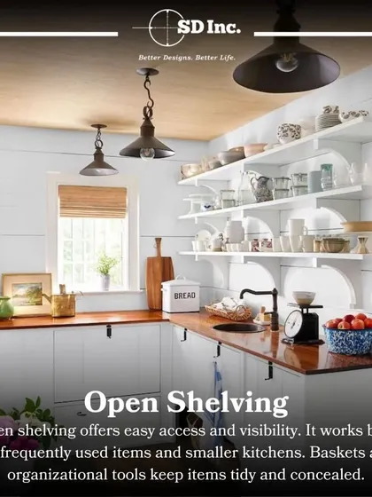 This butler's pantry features open shelving for easy access to frequently used dishes and glassware. The combination of wood countertops and white shelves creates a charming and functional space.