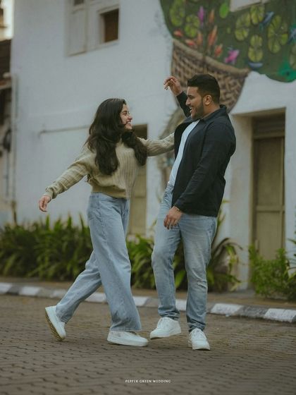 A spontaneous dance in the street. This pre-wedding shoot was all about capturing the couple's joyful and energetic connection.