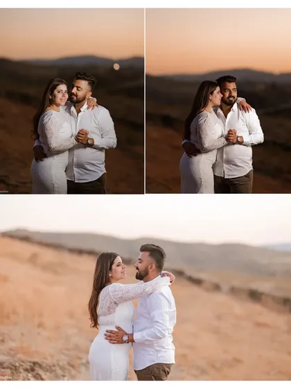 A collage of romantic portraits taken during the golden hour just before sunset. The warm, soft light creates a dreamy and flattering atmosphere for any pre-wedding shoot.