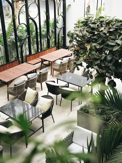 An overhead perspective can reveal the thoughtful layout of a space. This view shows the arrangement of tables and the flow of the restaurant, giving a sense of its scale and atmosphere.