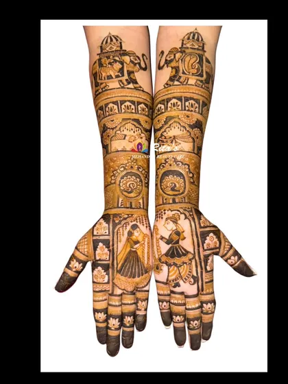 The full view of a royal-themed bridal mehendi. The design includes dancing figures, majestic elephants, and intricate architectural details for a truly grand statement.