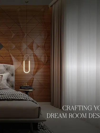 This image, with the text "Crafting Your Dream Room Design," showcases a bedroom with a unique 3D wood-paneled accent wall. The intricate pattern and warm wood tones create a luxurious and artistic focal point.