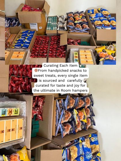 Sourcing and curating each item. For these 200 room hampers, we handpicked a variety of snacks and sweet treats for the ultimate welcome gift.