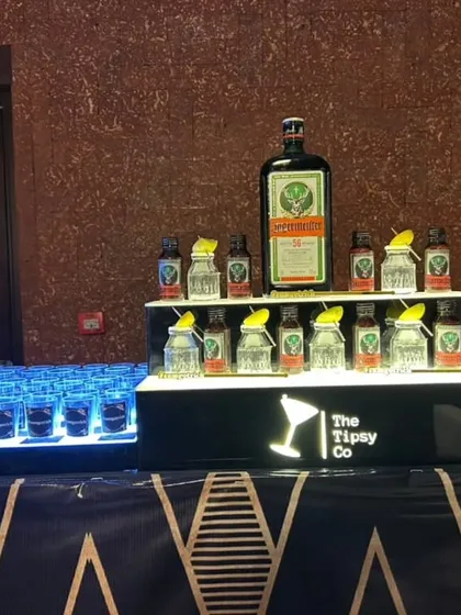 Our branded, illuminated shot bar featuring Jagermeister. The multi-tiered display allows for a variety of shots to be offered, creating a dedicated station for party-goers.