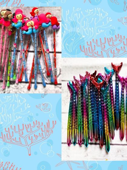 Dive into creativity with this mermaid-themed stationery set. It includes a mermaid tail pen, a character pen, a 3D eraser set, and a watercolor book.