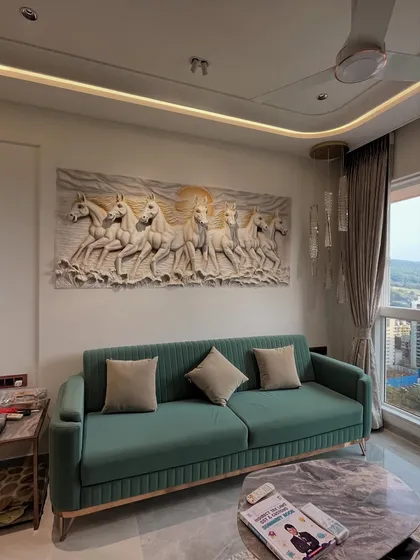 This angle shows how the horse mural interacts with the natural light from the window, creating changing shadows and highlights throughout the day.