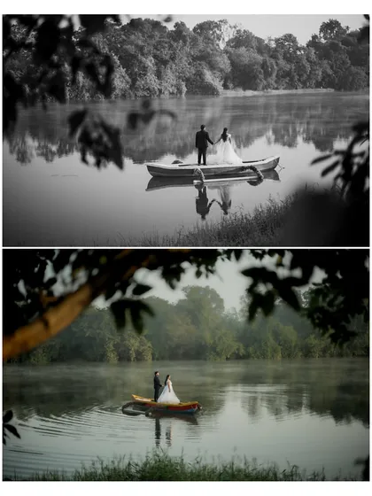 A collage showing the couple in a boat on the lake, presented in both black and white and color to highlight the serene atmosphere of their pre-wedding shoot.