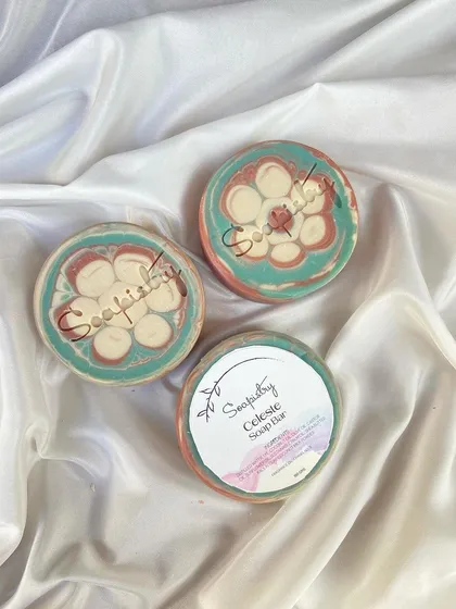 My Celeste soap bars are made in a round mold and have such a pretty floral-like pattern. The scent is a warm mix of floral, amber, and sandalwood.