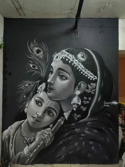 A custom Indian mythological mural I painted, depicting the bond between Yashoda and Krishna. The entire piece is done in monochrome to emphasize the emotion and intricate details of the scene.