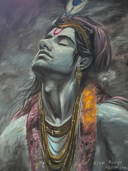 A portrait of Krishna in a moment of deep thought. I used soft pastels and acrylics to create this moody and emotional piece, with "Radha" written on his necklace.